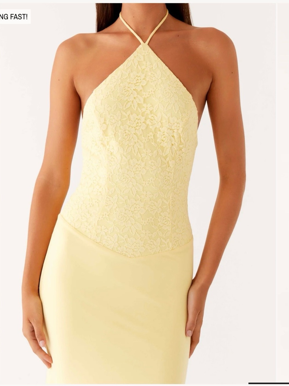 Peppermayo Pale Yellow Halter Lace Bodice Slip Dress